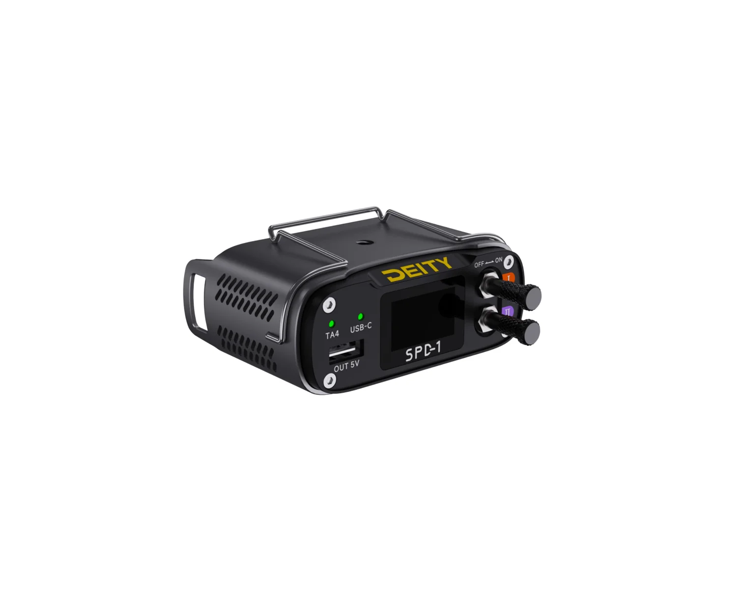 Deity SPD-1 professional smart power distributor with triple power inputs and OLED telemetry display for location sound bag and cart systems in Italy.