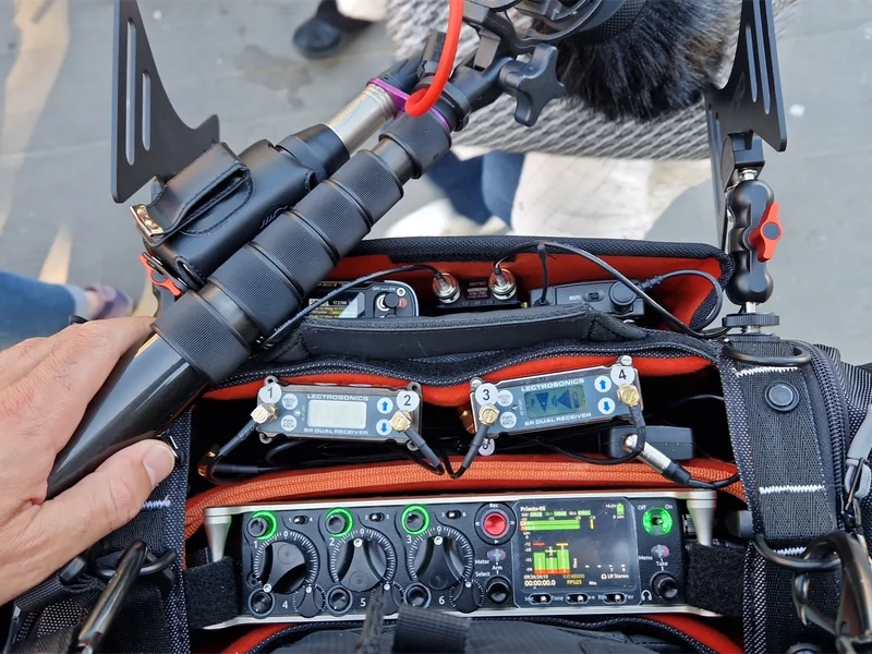 Professional location sound audio equipment package available for rental in Italy, featuring a Sound Devices multitrack mixer recorder and Lectrosonics SR dual wireless receivers configured in a production sound bag setup for film and television.