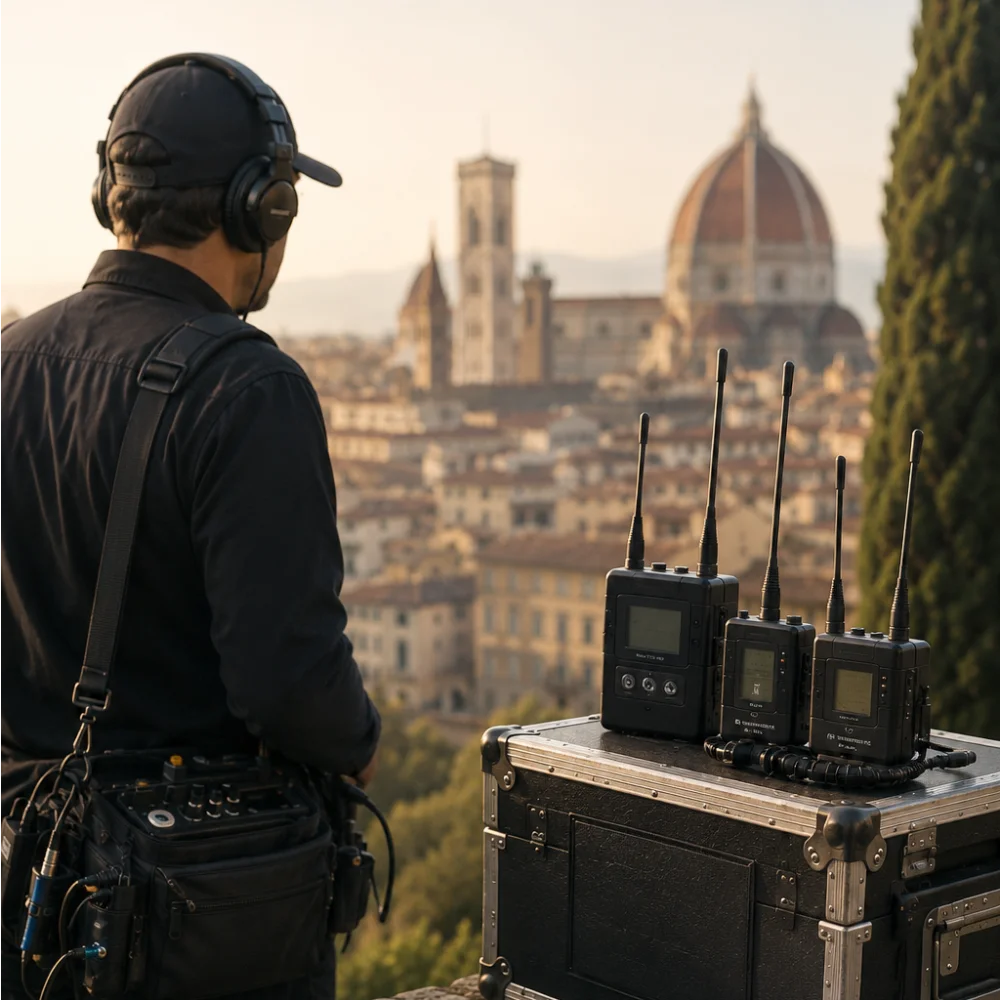Professional sound mixer with wireless audio equipment transmitters looking at the Florence skyline, providing international location sound rental support in Italy.
