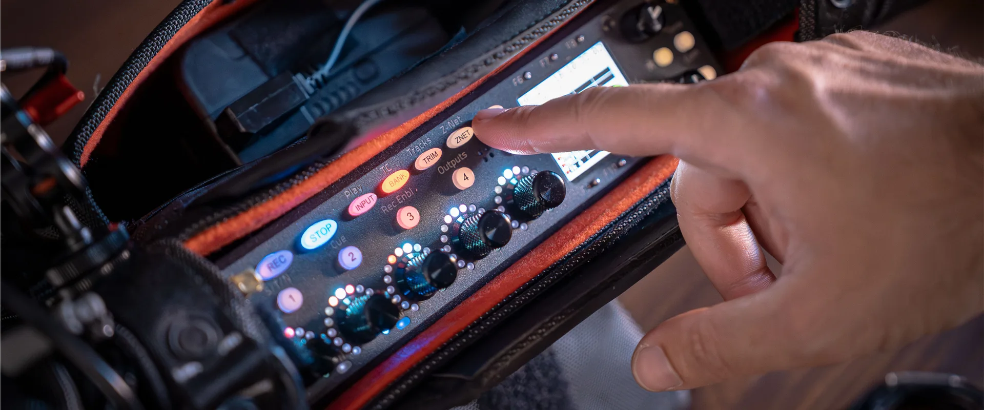 Professional field recorder rental Italy gear lineup, featuring multi-track audio recorders and digital mixing controllers for film and television production sound.