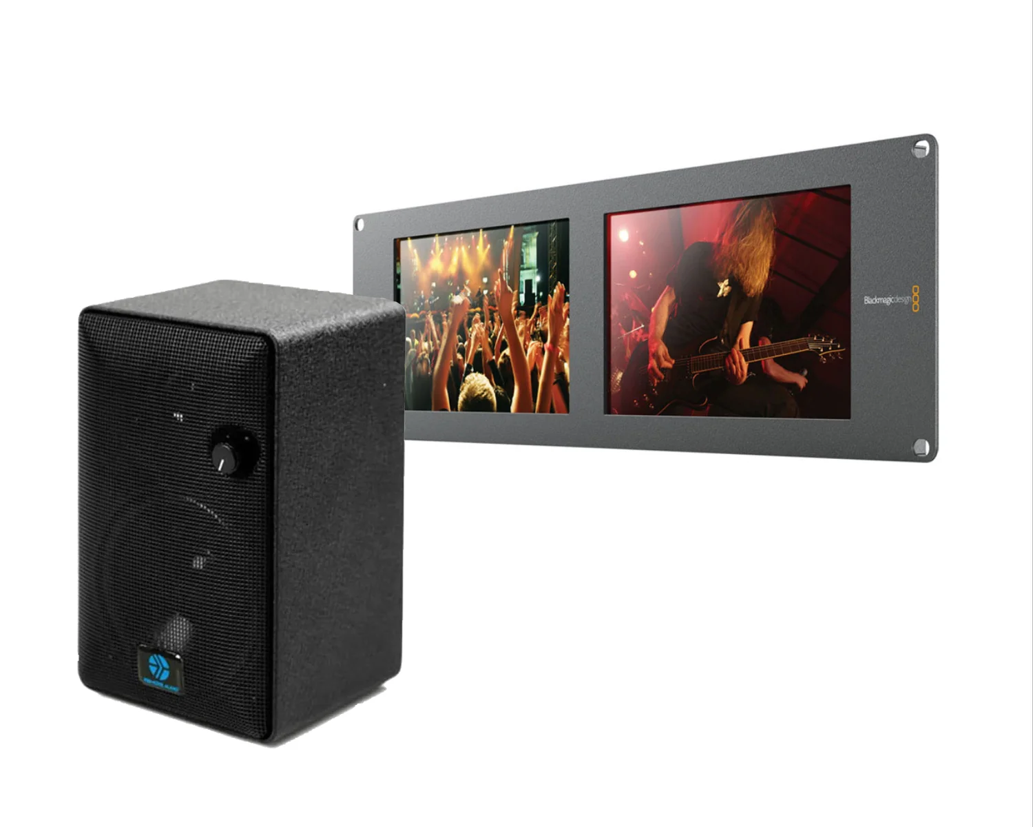 Composite image featuring professional audio speakers and Blackmagic SmartView Duo monitors for on-set audio evaluation and video return in Italy