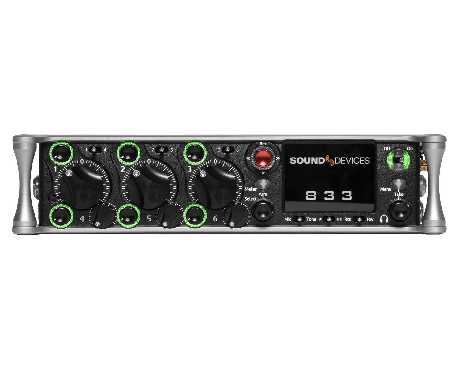 Sound Devices 833 rental - Front fader view
