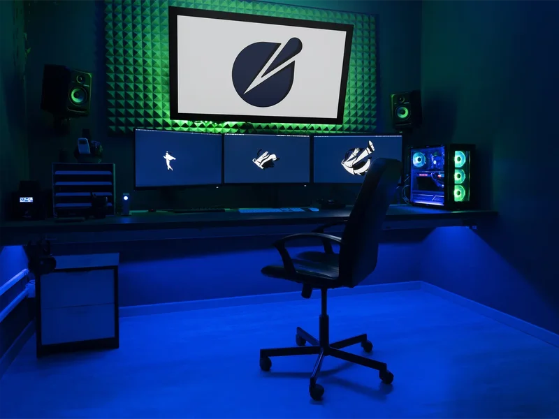 A high-end professional video editing suite and post-production studio in Rome, Italy, featuring a triple-monitor editing workstation, a large client preview screen, acoustic wall treatment, and custom RGB LED bias lighting optimized for color grading.