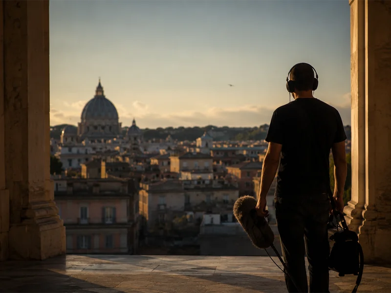 Professional location sound mixer wearing headphones and a Roma Italia cap, adjusting wireless audio gear inside a field recording bag during an outdoor film production shoot in Rome, Italy.