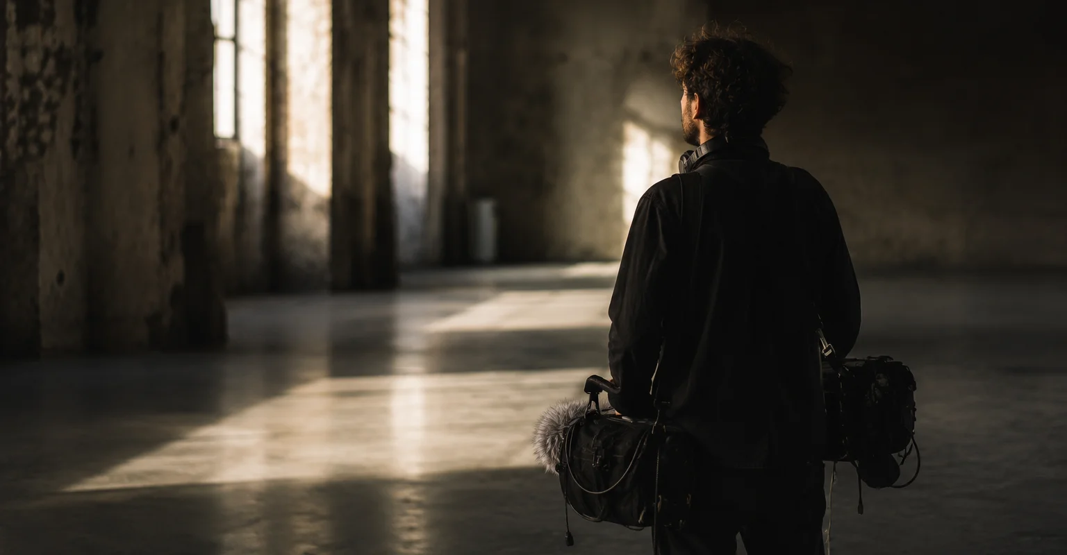 Professional location sound recordist seen from behind with field audio mixer bags and recording gear on a cinematic film production set in Italy.