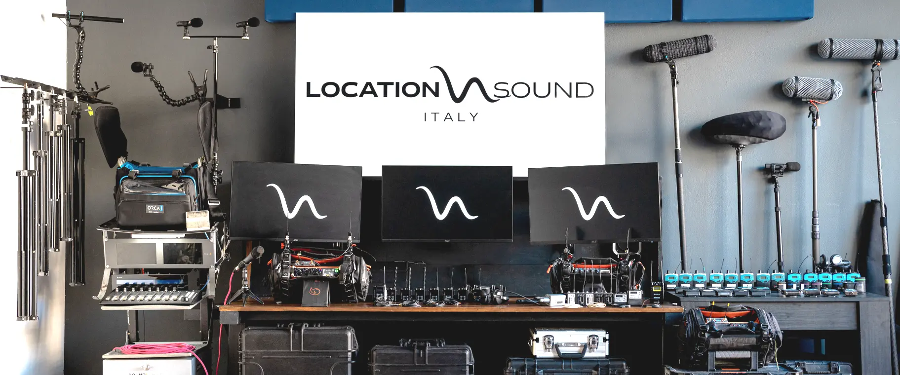 Professional field recorder rental Italy gear lineup, featuring multi-track audio recorders and digital mixing controllers for film and television production sound.